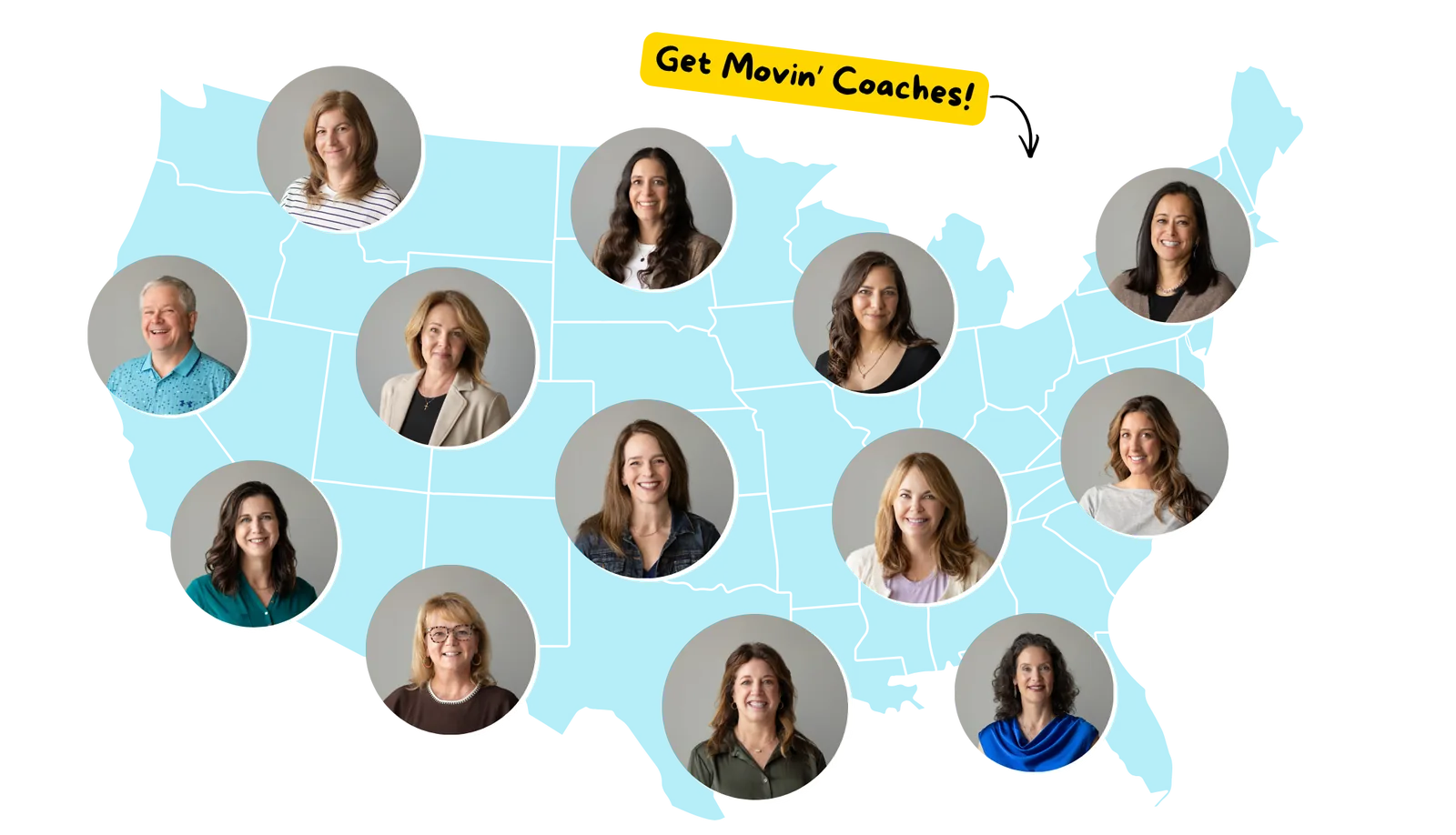 Get Movin' Coaches! A map of the United States with photos of our Personal Event Coaches across the country