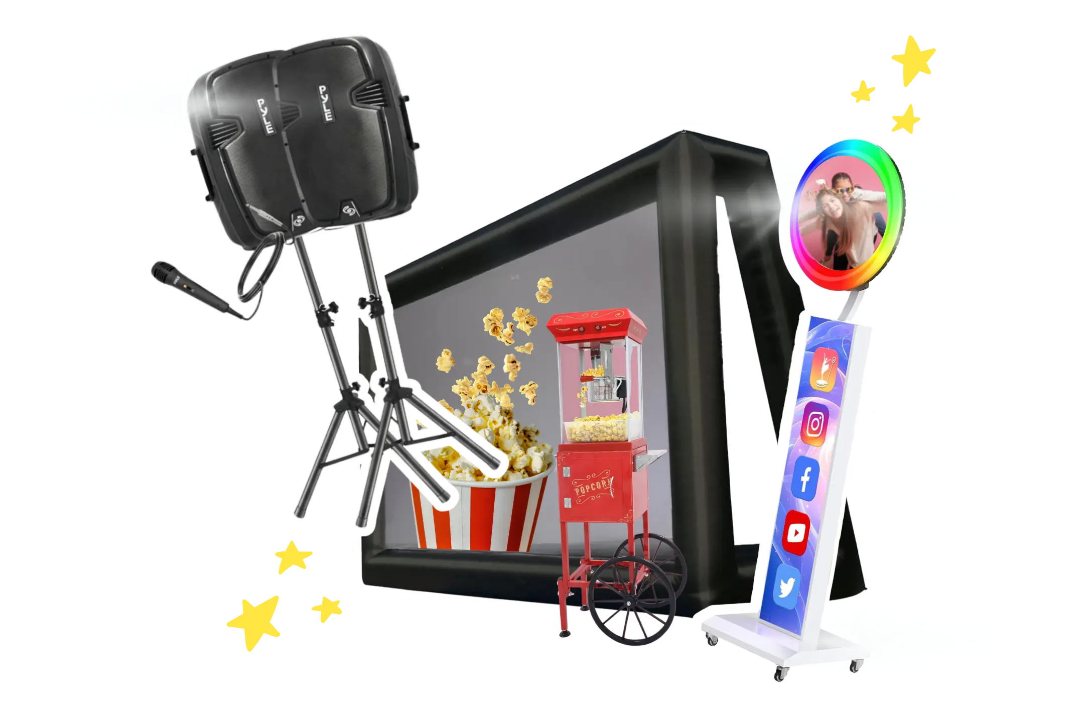 Prize choices: portable photo booth, inflatable movie screen, or sound system
