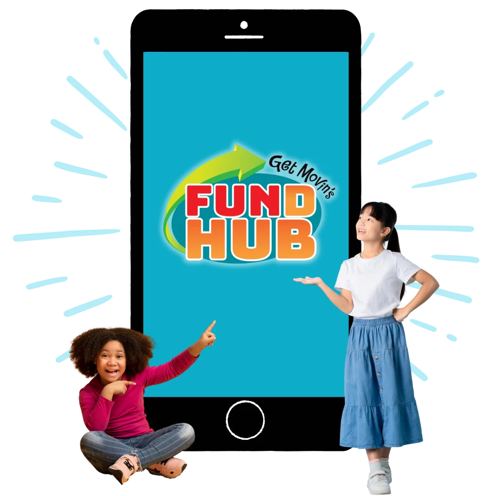 Two students pointing at a phone showing the Get Movin' FundHub logo